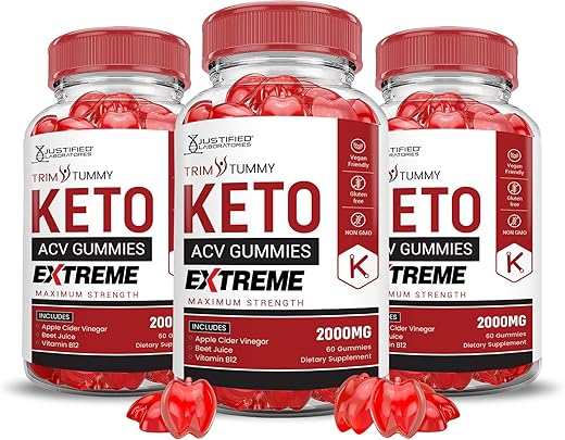 Justified Laboratories - Trim Tummy Keto ACV Gummies Extreme 2000MG – 3 Pack | Gummies de Vinagre de Maçã com Romã e Beterraba | B12 Vegan Non GMO 180 Gummys