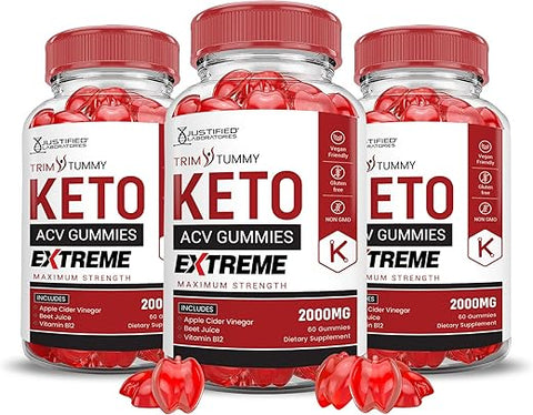Justified Laboratories - Trim Tummy Keto ACV Gummies Extreme 2000MG – 3 Pack | Gummies de Vinagre de Maçã com Romã e Beterraba | B12 Vegan Non GMO 180 Gummys