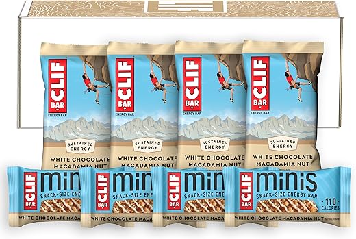 Clif Bar - CLIF BAR – Barra de Energia Sabor Macadâmia com Chocolate Branco – Tamanho Grande e Mini – Feita com Aveia Orgânica – Não-OGM – Baseada em Plantas – 68g e 28g (20 Unidades)