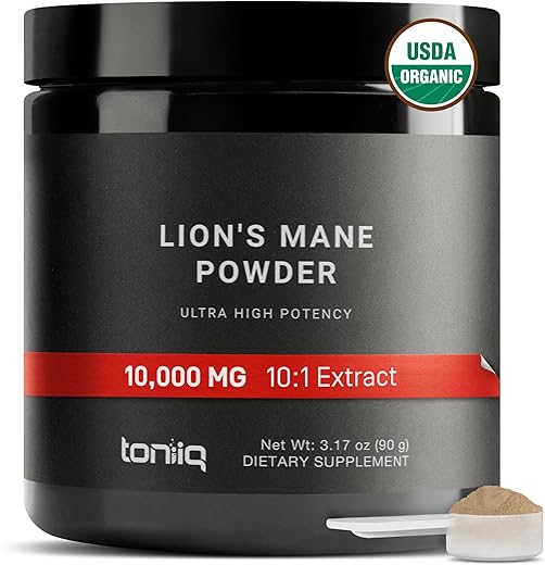Toniiq - Lions Mane em Pó Orgânico Ultra Concentrado 10x 10,000mg – 30% Polissacarídeos – Alta Concentração e Bioacessibilidade – 90g