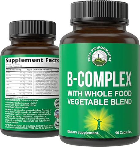 Peak Performance - Complexo de Vitamina B em Cápsulas de Alimentos Integrais com 25 Vegetais e Frutas para Máxima Absorção. Melhor Suplemento Vegano de Complexo B com Vitaminas B1, B2, B3, B5, B6, B7, B9 e B12. 90 cápsulas