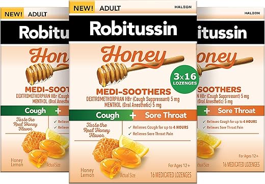 Medi-Soothers Mel e Limão Pastilhas para Garganta, Alívio Duradouro da Tosse e Dor de Garganta – 48 Unidades (3 x Embalagens com 16 Pastilhas) - Robitussin