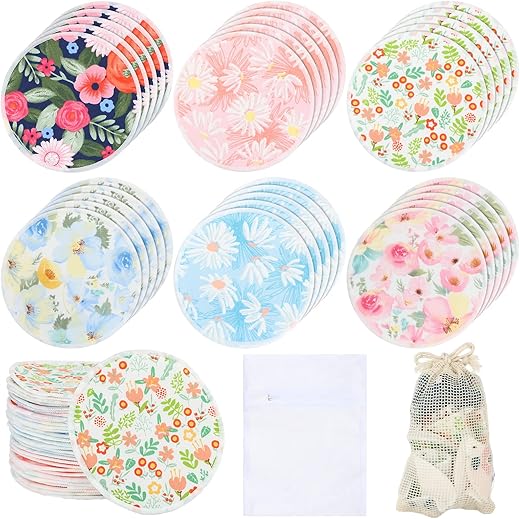 30 Pcs Almofadas de Amamentação Reutilizáveis de Bambu com Bolsa Molhada e de Lavanderia – Pads de Mamilo Florais Presente para Mães que Amamentam (Padrão Vibrante) - Sosation