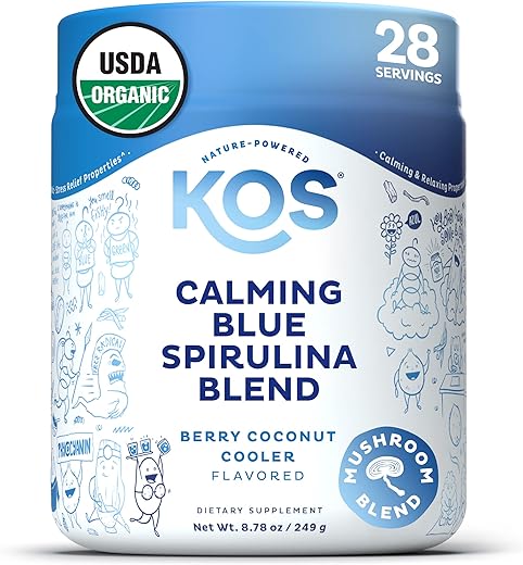 Calming Blue Spirulina Blend – Pó de Superfood de Algas Certificado pelo USDA – Com Raiz de Ashwagandha, Melissa, Cogumelo Reishi, Vitaminas B – Sabor Refrescante de Coco e Frutas Vermelhas - KOS