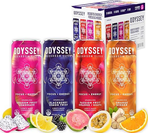 Bebida Espumante de Cogumelo com Lions Mane e Cordyceps, Adaptogênicos de Cogumelos, L Teanina e Cafeína do Chá Verde para Energia e Foco, 355 ml, Pacote Sortido, 12 Latas - ODYSSEY ELIXIR