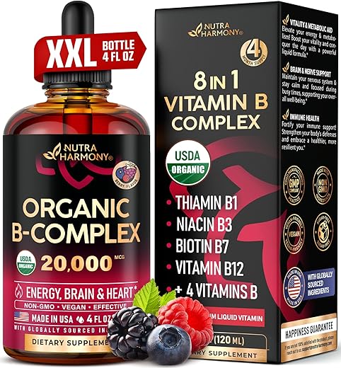 NUTRAHARMONY - Vitamina B-Complexo B5 Ácido Pantotênico | B12 Metilcobalamina | B1 Tiamina | B6 Piridoxina | B7 Biotina | B9 Ácido Fólico | B3 Niacinamida – Gotas Líquidas de Complexo B Orgânico USDA, Feito em