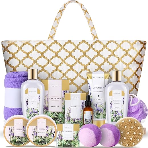 spa luxetique - Kit Spa Luxetique 15pcs Presente para Mulheres – Cesta de Presentes de Spa para Mulheres, Banho de Lavanda, Conjunto de Presentes de Banho e Corpo, Bolsa Tote, Presentes de Aniversário para Ela