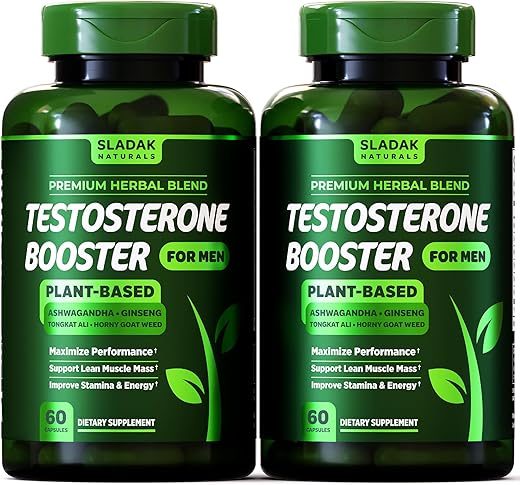 SLADAK NATURALS ㅤ - Suplemento Booster de Testosterona para Homens – Aumento Masculino de Testosterona – Ashwagandha, L-Arginina, Tongkat Ali, Tribulus e Mais – Treino, Ganho de Massa Muscular, Força, Energia