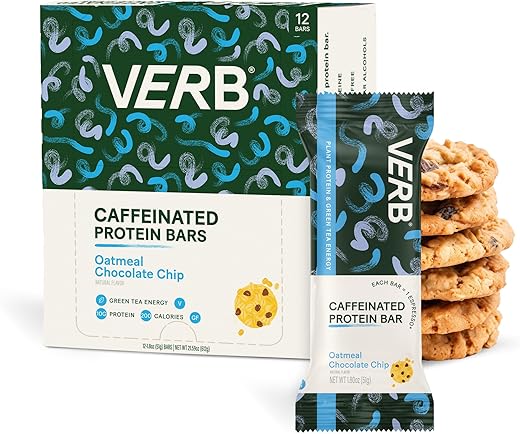 Verb Caffeinated Energy Bar - Verb Energy – Barra de Proteína Cafeinada de Aveia com Gotas de Chocolate – 190 Calorias 6g Açúcar 10g Proteína – Snacks Veganos – Barras de Café da Manhã Sem Glúten com Chá Verde Orgânico, 49g