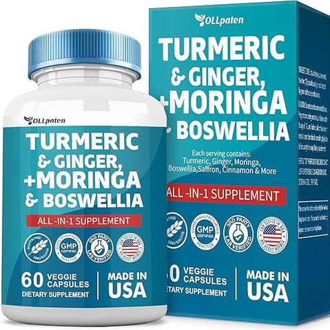 OLLpaten - Turmeric Curcumin 30000mg Moringa 50000mg Ginger 3000mg Boswellia 3000mg Saffron 2000mg – Suplemento All-in-One para Mulheres e Homens com Quercetina, Cereja Tart, 60 Cápsulas