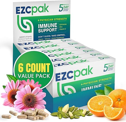 5-Day Tapered – Reforço Imunológico com Vitaminas C e Zinco – Booster de Suporte Imunológico – Adultos – Vitaminas para o Sistema Imunológico (Pacote com 6) - EZC Pak