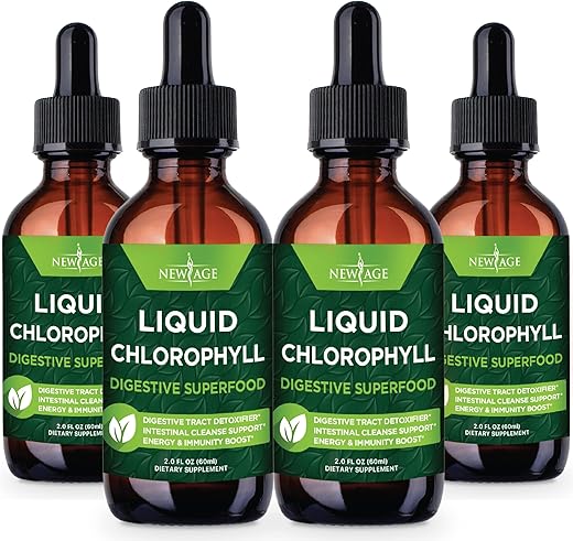 NEW AGE - Gotas Líquidas de Clorofila – Concentrado Natural – Estimulante de Energia, Suporte à Digestão e Sistema Imunológico, Desodorante Interno, Função Hepática – (60 ml (Pacote com 4))