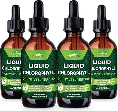 NEW AGE - Gotas Líquidas de Clorofila – Concentrado Natural – Estimulante de Energia, Suporte à Digestão e Sistema Imunológico, Desodorante Interno, Função Hepática – (60 ml (Pacote com 4))