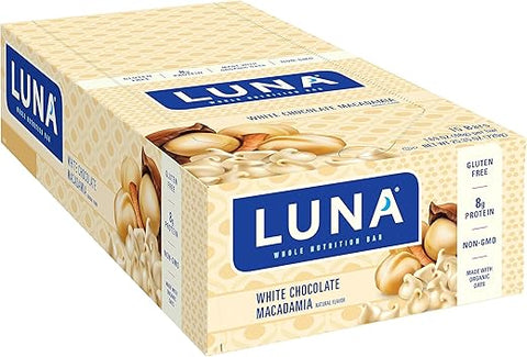 Luna Bar - Barra de LUNA – Sabor Macadâmia com Chocolate Branco – Sem Glúten – Não-OGM – 7-9g de Proteína – Feito com Aveia Orgânica – Baixo Índice Glicêmico – Barras de Lanche Nutritivas – 1,69 oz (15 Unidades)