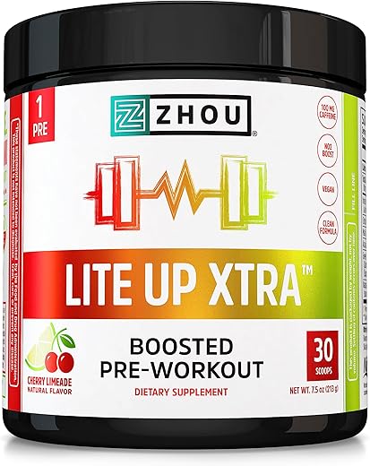 ZHOU - Zhou Nutrition Lite Up Xtra: Pré-treino Vegano em Pó com Cafeína, Energia Limpa do Chá Verde, Impulsionador de Óxido Nítrico, Livre de Glúten e Açúcar, Não Transgênico, Sabor Limonada de Cereja, 100g