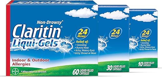 24 Horas: Alívio de Alergia Não Sonolento, Loratadina Antialérgico em Cápsulas Líquidas, 1×30, 1×10, 1×60, 100 Cápsulas Líquidas no Total - Claritin