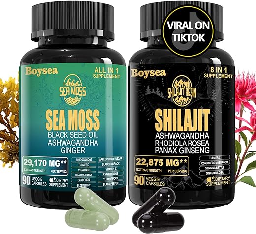 Shilajit e Sea Moss Bundle – Sea Moss (7000mg), Ashwagandha (2000mg), Óleo de Semente Preta (4000mg), Gengibre | Boysea - Boysea