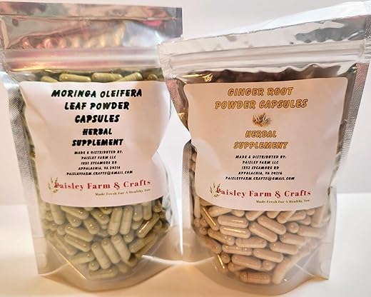 Paisley Farm and Crafts - Cápsulas de Raiz de Gengibre e Folha e Semente de Moringa – Embalagens Econômicas (Raiz de Gengibre Moringa Leaf) – Suplemento Herbal – Feito Fresco Sob Demanda!