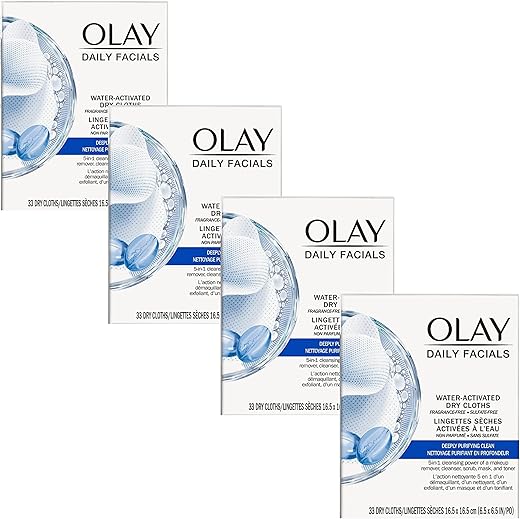 Lenços de Limpeza Facial 2 em 1 Ativados por Água 33 unidades (Pacote com 4) - Olay