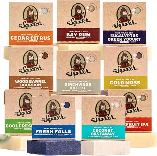 Kit Presente Sabonetes em Barra para Homens (10 Unidades) – Sabonetes Naturais para Homens – Fragrâncias Birchwood Breeze, Fresh Falls, Wood Barrel Bourbon, Coconut Castaway, Cedar Citrus, Bay Rum e mais - Dr. Squatch
