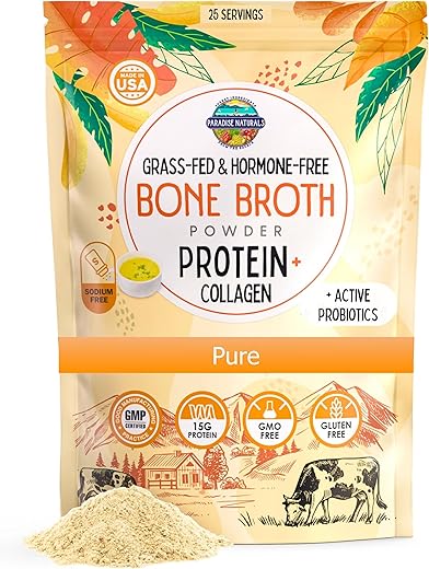 Proteína em Pó de Caldo de Osso Orgânico de Carne Bovina 100% Natural, Rico em Probióticos Ativos, Colágeno Peptídeo 15g de Proteína, Baixo Teor de Sódio, Benefícios para Pele, Cabelo, Articulações e Intestino - Paradise Naturals