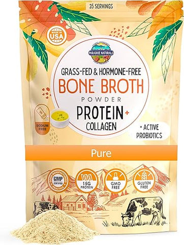 Proteína em Pó de Caldo de Osso Orgânico de Carne Bovina 100% Natural, Rico em Probióticos Ativos, Colágeno Peptídeo 15g de Proteína, Baixo Teor de Sódio, Benefícios para Pele, Cabelo, Articulações e Intestino - Paradise Naturals