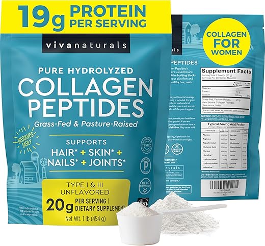 Colágeno Bovino em Pó, 454g – Hidrolisado para Mulheres – Suporte para Articulações Saudáveis, Cabelo, Pele e Unhas – Sem Sabor - Viva Naturals