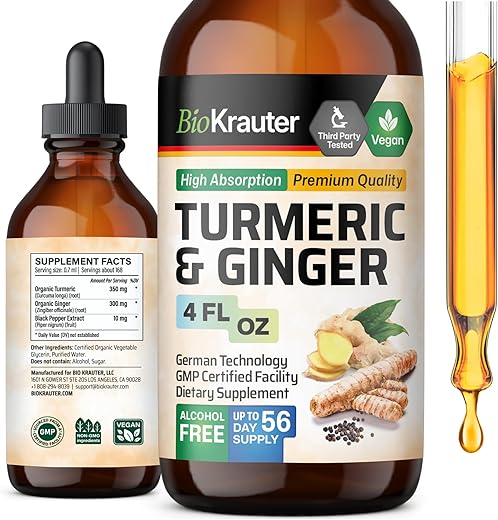 BIO KRAUTER - Tintura de Cúrcuma e Gengibre – Suporte Imunológico com Curcumina – Gotas Veganas – Fórmula com Pimenta Preta – 118 ml