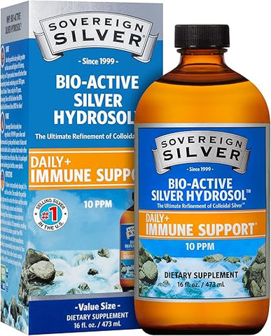Hydrosol Bio-Ativo para Suporte Imunológico – Prata Coloidal Líquida – 10 ppm, 473mL – Tamanho Grande - Sovereign Silver