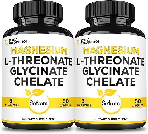 1200mg Magnésio L-Treonato com Glicinato de Magnésio – 2 Pacotes de 50 Cápsulas - Satoomi