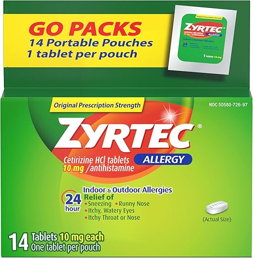 24 Horas Alívio de Alergia, Comprimidos de Medicamento para Alergia com 10 mg de Cetirizina HCl por Comprimido Antialérgico para Alergias, Alívio Portátil, Embalagens Individuais para Viagem, 14 un, (14…) - Zyrtec