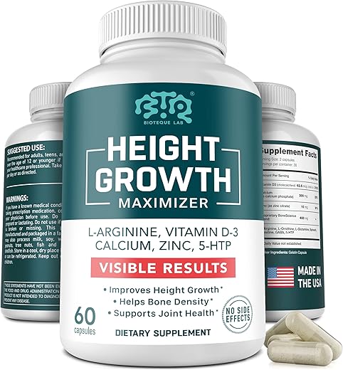 BIOTEQUELAB - Altura Maximizer: Cálcio, Vitamina D3 e Zinco em Cápsulas, Suplemento para Crescimento Ósseo de Crianças e Adolescentes, Suporte para Força e Densidade Óssea, Livre de Transgênicos e Glúten, Fabricado nos EUA
