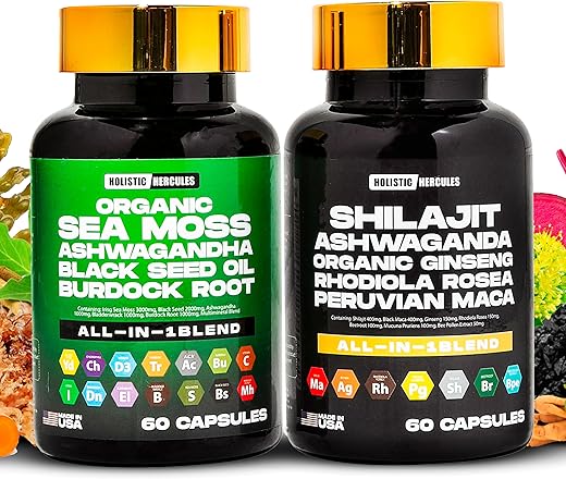Holistic Hercules - Premium Combo Bundle – Sea Moss 9000mg, Black Seed Oil 6000mg, Ashwagandha 3000mg, Shilajit 12000mg, Black Maca 4000mg, Beetroot 1000mg, Pacote de Suplementos All in 1
