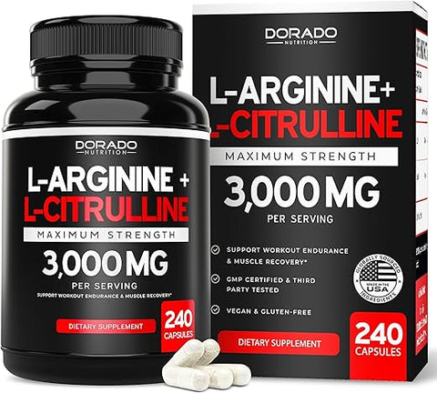 DORADO NUTRITION - L Arginine L Citrulline 3000mg (240 Cápsulas) – Suplemento de Óxido Nítrico para Homens – Resistência, Desempenho e Energia para Treinos – Sem Glúten