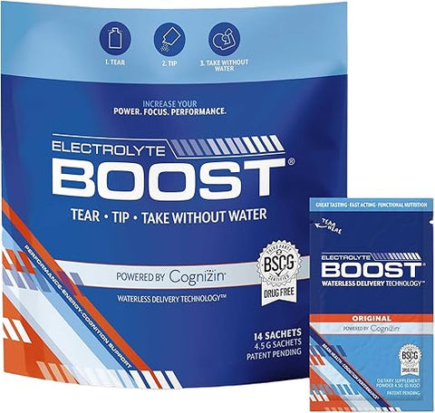 ELECTROLYTE BOOST - Pacotes de Pó de Eletrólitos com Cognizin – Hidratação sem Água, Suplemento para Prolongar a Hidratação, Sem Açúcar, Sem Stevia, Sem Cafeína, Não Requer Água, Dissolve na Boca, 14 Pacotes