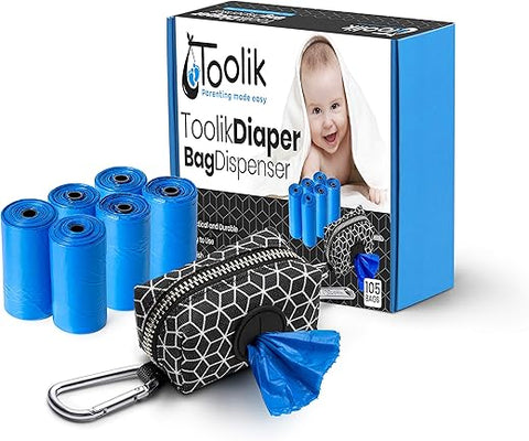 Toolik-Parenting Made Easy - Bolsa para Fraldas Toolik com 105 Sacos Descartáveis sem Perfume (7 Rolos de Reposição) para Troca de Fraldas e Roupas Sujas de Bebê e Criança, Essencial para Viagens e Mudanças Rápidas em Movimento