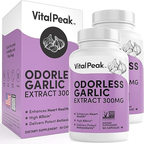 Vital Peak - Extrato de Alho Inodoro – Suplemento de Alho Herbal Rico em Alicina 300 mg para Suporte ao Coração, Fígado e Imunidade I Sem OGM, Sem Glúten, Vegano – 180 Cápsulas de Alho