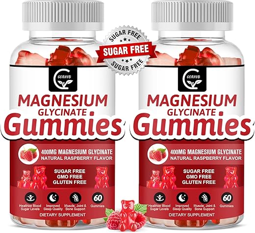 GORNVB - Gomas de Magnésio Glicinato 400mg, Suplemento de Magnésio Potássio – Complexo Quelado de Magnésio Potássio com Vitamina D, B6 e CoQ10, Suporte para Memória, Calma e Humor