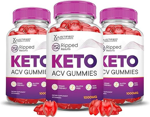 Justified Laboratories - (3 Pacotes) Gomas Ripped Results Keto ACV Avançada Fórmula 1000MG Gomas Ripped Results Keto Apple Cider Vinegar Formuladas com Pó de Romã e Beterraba B12 Vegano Não GMO