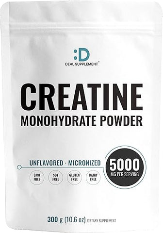 DEAL SUPPLEMENT - Creatina Monohidratada em Pó 300g (60 Porções), Sem Sabor | Pura | Creatina Micronizada em Pó, 5000mg (5g) por Porção, Suprimento de 2 Meses, Vegano | Keto, Não-OGM, Sem Preenchedores, Sem
