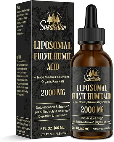 Susatentar - Trace Minerals Electrolytes Drops 2000 MG | Suplemento de Ácido Fulvico Humico Lipossomal Líquido | 72 Minerais Traços | Hidratação | Desintoxicação | Energia | Equilíbrio de pH | Digestão |