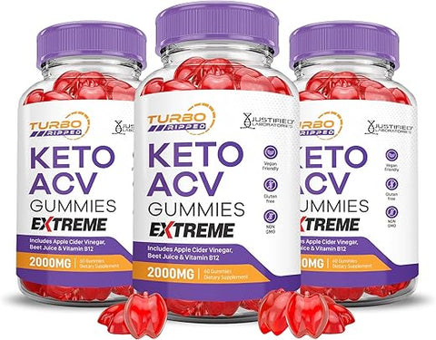 Justified Laboratories - (3 Pacotes) Gomas Turbo Ripped Keto ACV Extreme 2000MG Turbo Ripped Keto Gomas Vinagre de Maçã Formuladas com Suco de Romã em Pó B12 Vegano Não GMO 180 Gomas