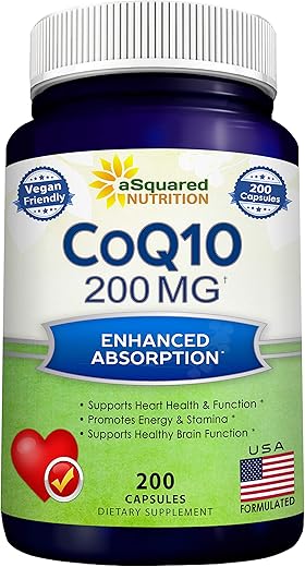 CoQ10 (200 Cápsulas e 200mg) – Pó de CO Q-10 Vegano de Alta Absorção – Suplemento de Enzima Ubiquinona em Pílulas, Coenzima Q10 Antioxidante Extra, Vitamina Coq 10 - aSquared Nutrition