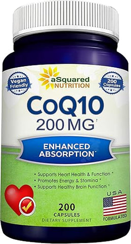 CoQ10 (200 Cápsulas e 200mg) – Pó de CO Q-10 Vegano de Alta Absorção – Suplemento de Enzima Ubiquinona em Pílulas, Coenzima Q10 Antioxidante Extra, Vitamina Coq 10 - aSquared Nutrition