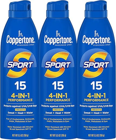Sport Protetor Solar Spray, FPS 15, Resistente à Água, 5,5 Oz (156 g), Pack com 3 - Coppertone