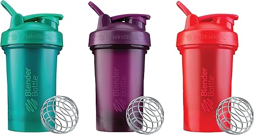 Classic V2 Garrafa Shaker Ideal para Shake de Proteína e Pré-Treino, 20 ml (3 Unidades) Vermelho, Verde e Roxo - BlenderBottle