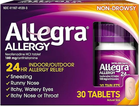Adult 24HR Antialérgico Não Sonolento, 30 Comprimidos, Alívio Rápido dos Sintomas de Alergia, 180 mg - Allegra
