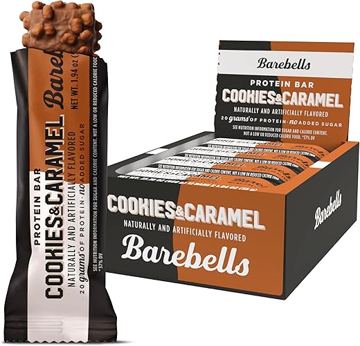 BAREBELLS - Barebells Cookies e Caramel – 12 Unidades, Barras de 53g – Snacks Proteicos com 20g de Proteína – Barra de Chocolate Proteico com 1g de Açúcares – Lanche Proteico para Levar