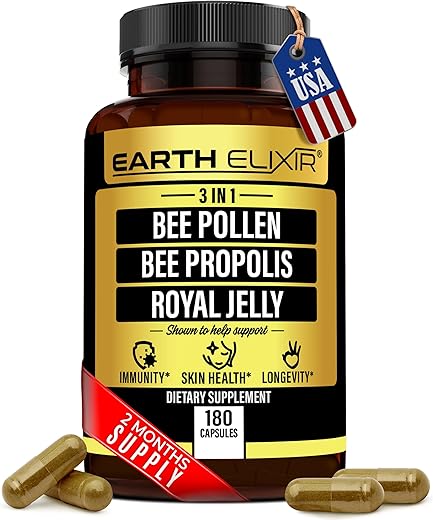 Earth Elixir - Bee Pollen Orgânico 840mg (180 Cáps) 3 em 1 c/ Cápsula de Própolis de Abelha 840mg