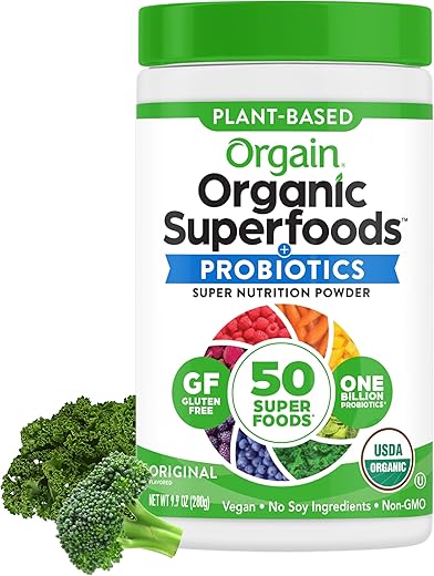 Pó de Verdes Orgânicos 50 Superfoods, Original – 1 Bilhão de Probióticos para Saúde Digestiva, Antioxidantes, Vegano, à Base de Plantas, Sem Glúten, Não-OGM, Suco Verde - Orgain